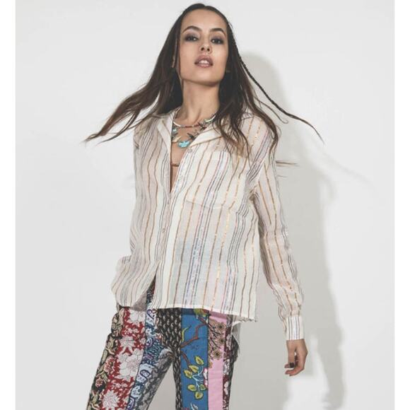 Alix Of Bohemia Chemise Patti Rainbow Stripe Button Down Top Blouse Blanche sz M - Picture 1 of 11